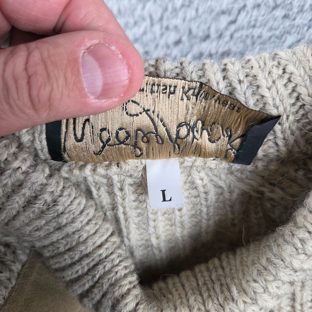 Woolyback British Knitwear Mens Large Pure Wool England Made Suede Patches Beige - Picture 6 of 8